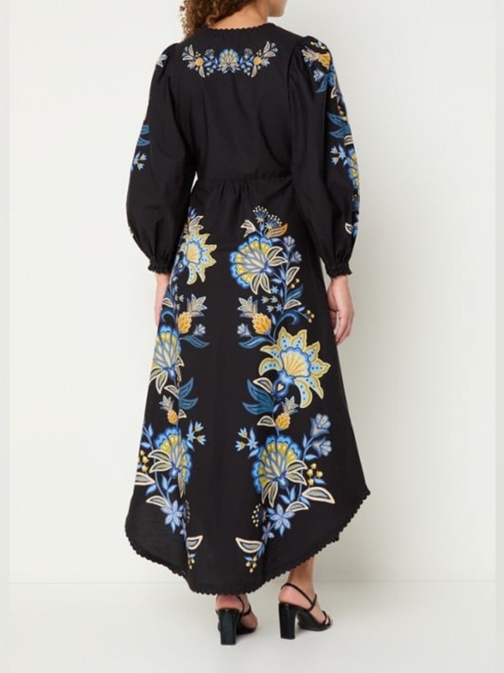 FARM Rio Stitched Garden Floral Black Midi Dress Fairycore Boho Women L Vacation - Picture 3 of 16